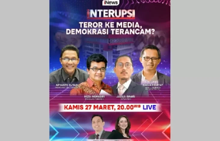 Waktu senja Hal ini Teror ke Media, Demokrasi Terancam? pada INTERUPSI sama-sama Ariyo Ardi, Anisha Dasuki kemudian Para Narasumber Kredibel Lainnya Live dalam tempat iNews